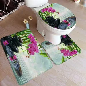 Zen Bath Mat Set Purple Orchid Flowers Black Stone Green Bamboo Home Carpet Bathroom Decor Floor Rugs U-shaped Pad Toilet Cover