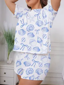 Women's Summer Sleepwear Set, Oceanic Elements Print, Loose Fit Short Sleeve Shirt & Elastic Shorts, Casual Home Wear, Pajama Set, Loungewear, Womenswear