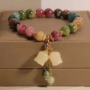 Bohemian Style Tourmaline & Orchid Charm Bracelet - Luxury Natural Stone Charms Women Handmade Beaded Bracelet Valentine's Day Jewelry Gift Vintage Women Bead Bracelet Jewelry