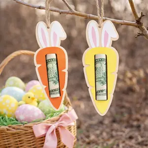 Easter Wooden Bunny Ear Carrot Money Clip Tags, Cute Hanging Gift Labels, Rope Attached Flat Wood Decor, Easter Basket Party Spring Home Decoration