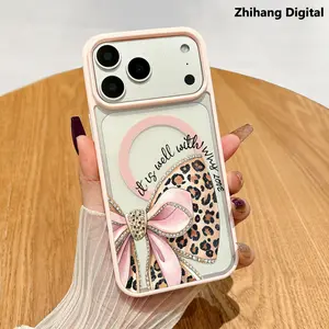 Leopard Print Bow Pattern Phone Case for iPhone 17 Pro Max Air 16 Plus 15 14Pro 13 12 11 Smartphone Magnetic Wireless Charging Compatible Protective MagSafe Support Shockproof Cover
