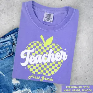 Comfort Colors Bright Teacher Tee, Personalized Neon Back to School Top, Retro Grade Level Shirt, Teacher Appreciation Gift Idea