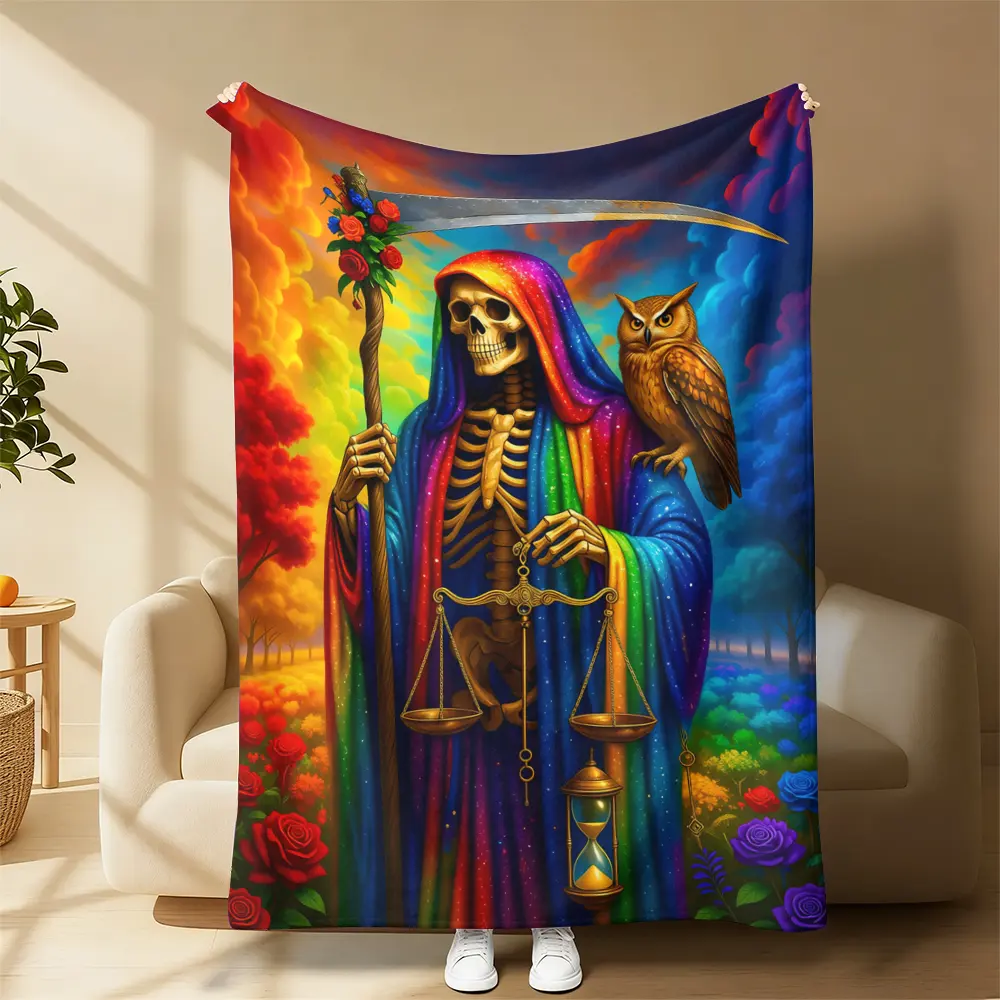 Colorful Santa Muerte Plush Blanket - Bold Rainbow Robe Print Multi-Color Afghan Non-White Blanket for Spiritual Edgy Altar Decor, Meditation, Cozy Nights, Multi Color Blankets, Rainbow Color Blankets