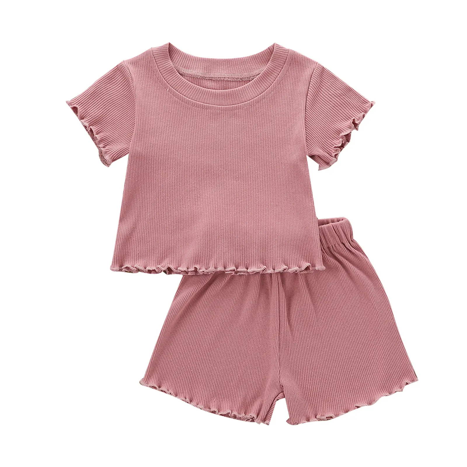 2Pcs Toddlers Baby Girls Summer Clothes Set Ruffle Ribbed Short Sleeves T-Shirt Tops Shorts Comfy Outfits