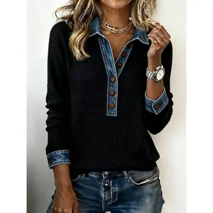 Women's Waffle Knit Top Denim Collar Button Front Long Sleeve Pullover Office Casual Blouse