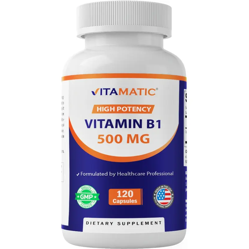 Vitamatic Thiamine Mononitrate (Vitamin B1) 500mg Dietary Supplement, 120 Capsules - GMP Certified, Gluten-Free, Sugar-Free for Healthy Energy Levels Support in Adults