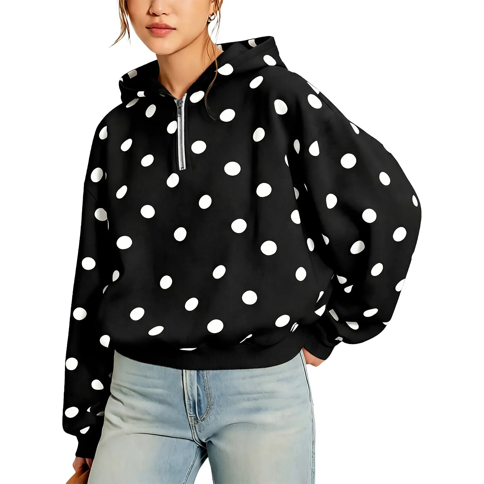 Eytino Plus Size Polka Dot / Checkered / Cow Spot Pattern Quarter Zip Drop Shoulder Loose Hoodie 2026 Fall Hooded Pullover Tops For Curvy Women (1X-5X)