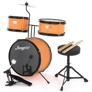 【GARVEE】Drum Set, 1 Wood/Metal AD-100 Three Beginner Sets Includes Bass, 2 Drums, Cymbal, Sticks, Bass Pedal and Stool, Percussion Musical Instrument Birthday Playsetl (Orange, 3-Piece)