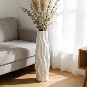 Modern White Ceramic Floor Vase 28" Tall | Sculpted Wavy Texture Statement Vase for Living Room Corner | Minimalist Luxury Home Decor Accent | Large Tall Vase for Pampas Grass & Dried Flowers