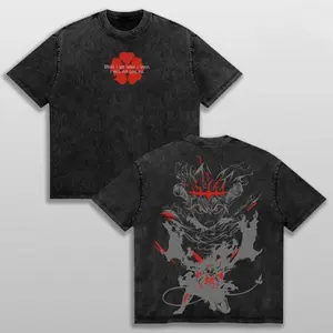 Washed Black Clover Asta Five Leaf Clover Graphic Tee Anime Inspired Short Sleeve Crewneck Casual Oversized Streetwear Shirt for Fans