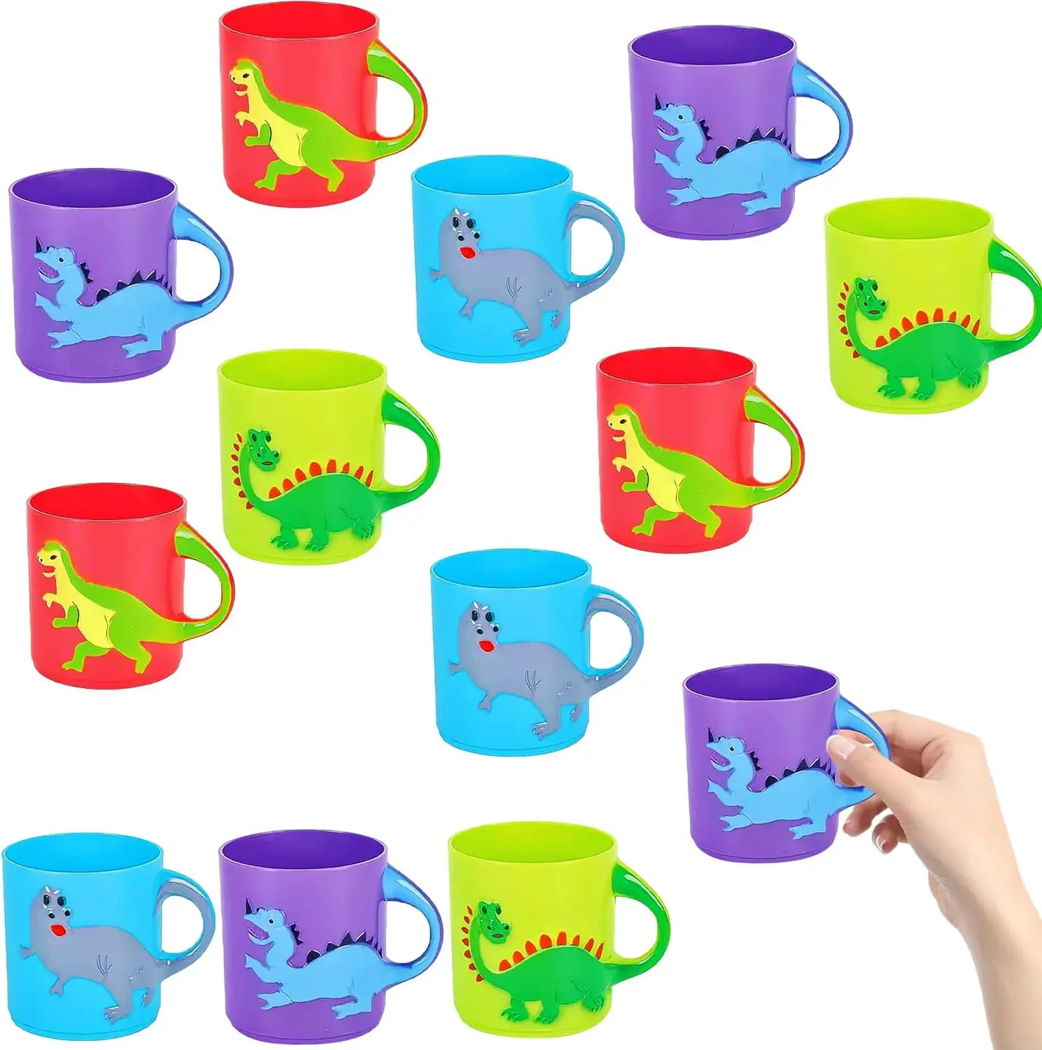 Plastic Dinosaur Mugs, Assorted Colors And Designs,  Table Decorations Party Favor (12-Pack)