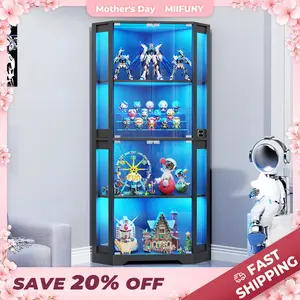 MIIFUNY Corner Display Cabinet with Glass Doors, 65" Lighted Curio Cabinet with 3 Color Lights for Collectibles, Toys, 4-Tier Showcase Display Case with Human Body Sensor for Living Room, Black