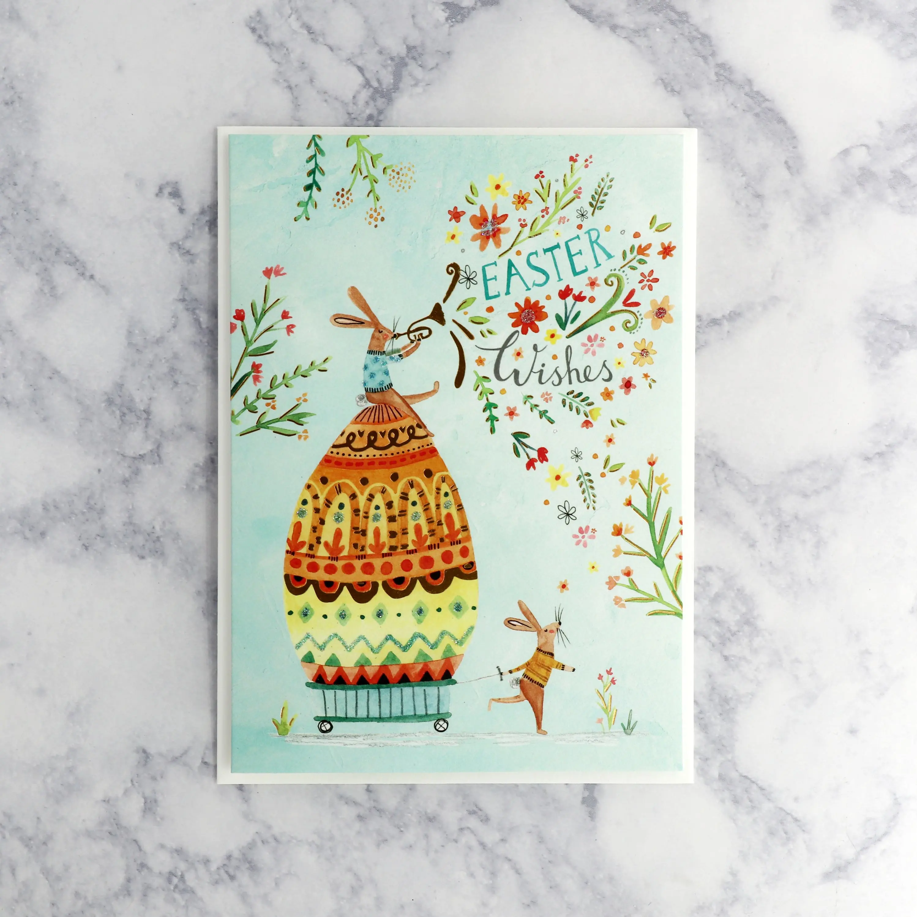 Rabbits With Egg on Wheels Easter Card