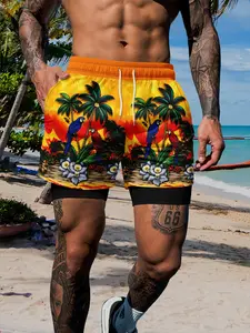Men's Tropical Parrot Coconut Tree Beach Pants, Quick-Dry Breathable, Fitted Drawstring Waist, Summer Casual Style, Swim Shorts
