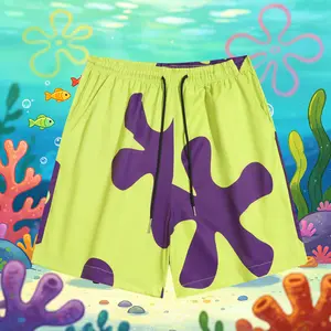 Mens Athleisure Casual Shorts, SpongeBob Patrick Print Knee-Length Drawstring Loose-Fitting Summer Gym Shorts, Mens Clothing Athletic Workout Bottoms with Side Pockets