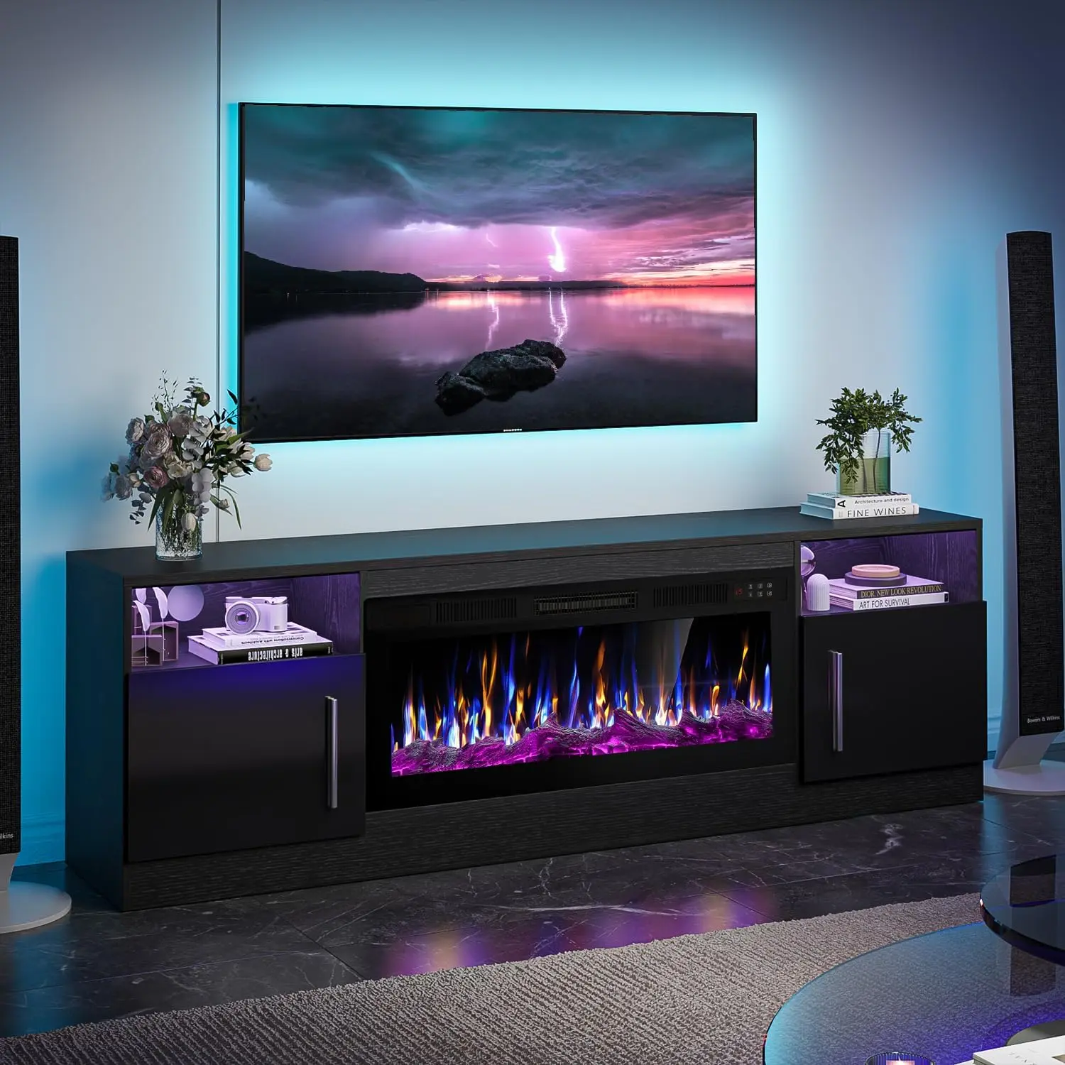 【2 Packages Shipping】 PUKAMI Fireplace tv Stand with 36 inch Fireplace Up to 80" TVs,LED Light Entertainment Center and Storage, 70" Modern Wood Media TV Console with Highlight Cabinet for Living Room,dorm essentials,home decor