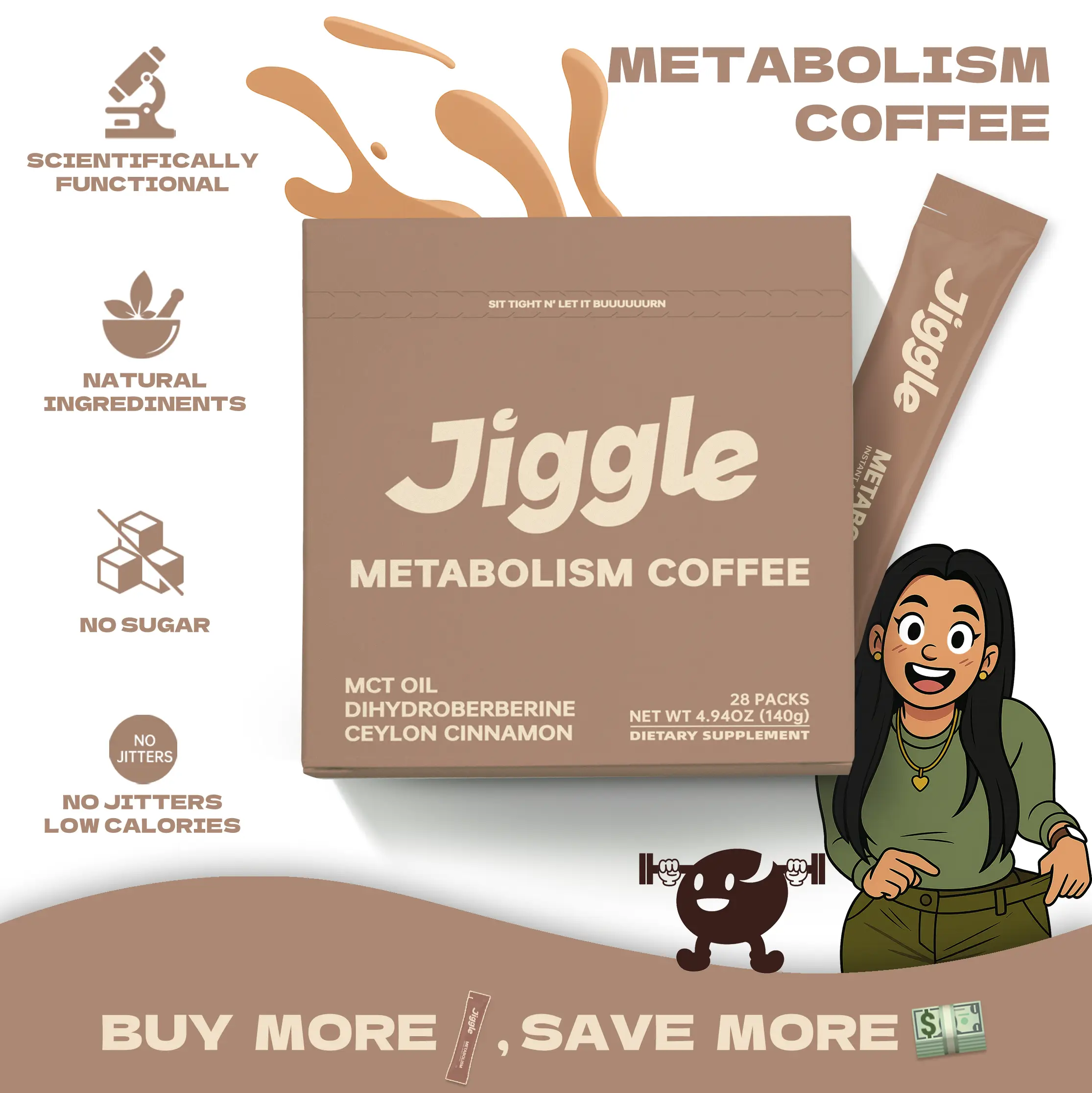 Jiggle Morning-Boost Metabolism Black Coffee | MCT Oil Energy | Balance Cravings | No Sugar No Jitters | 28 Packs On-the-Go Beverage Powder Caffeine C