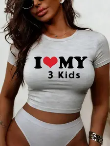 Women's Slim Fit Short Top, I Love My 3 Kids Letter Print, Fashion Casual T-Shirt, Mom Daily Wear, H Type Silhouette, No Zipper, Womenswear