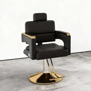 Professional Barber Salon Chair with Stainless Steel Armrests & Reclining Backrest, Hydraulic Pump Stylist Chair with 360° Swivel & Adjustable Height, Black+Gold
