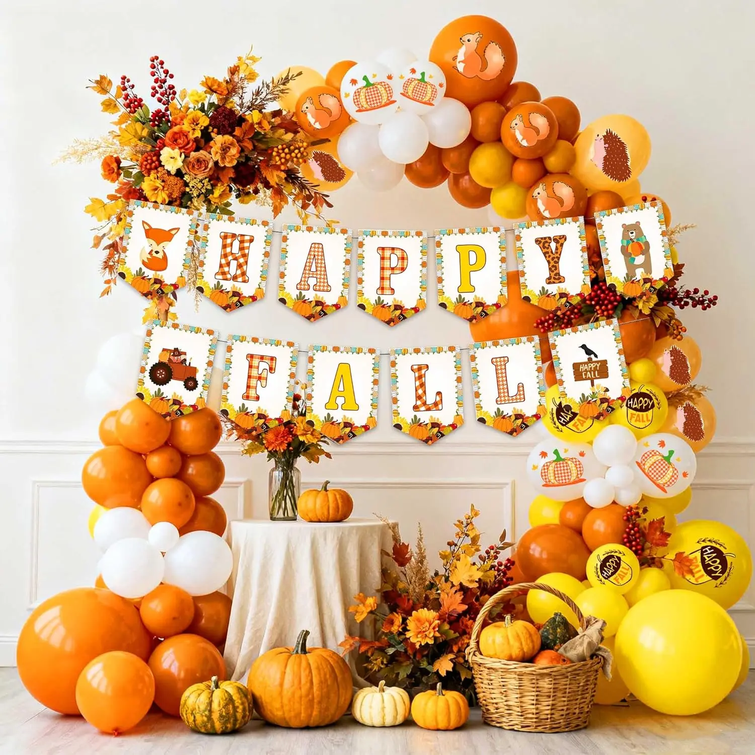 Happy Fall Party Banner Balloon Decoration Set with 16 Adorable Fall Elements for Kids & Adults Autumn Themed Party Supplies Festive Fall Banner & Balloons Cozy Ornaments Cozy Ornaments