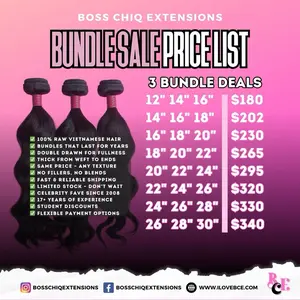 Boss Chiq Extensions Raw Vietnamese 3 Bundles - 12" to 30" Inches, 100% Raw Hair, Straight, Wavy, Curly - Available in Various Textures and Lengths