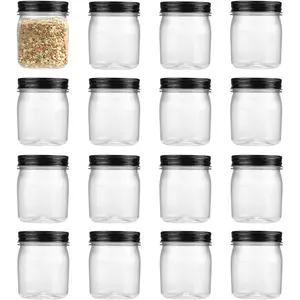 8 Ounce Clear Plastic Mason Jars With Screw On Lid,  Empty Jars for  Storage, Round  Containers for Sealing, Dry , Snacks, Candies, Breakage-proof, (Black - 16 Pack)