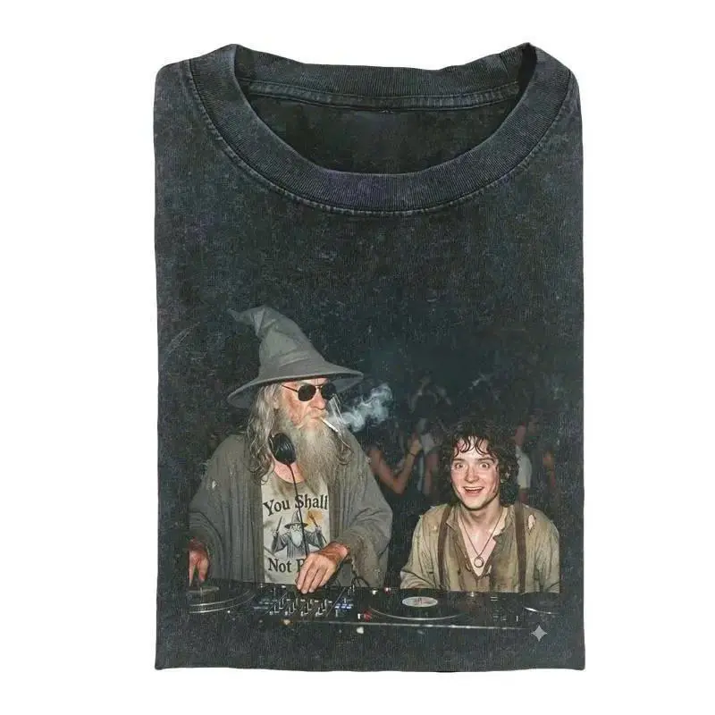 Gandalf DJ Frodo Party Funny Meme T-Shirt, Vintage Parody Club Scene Shirt, Unisex Cotton Crewneck Tee for Men Women, Streetwear Gift Top