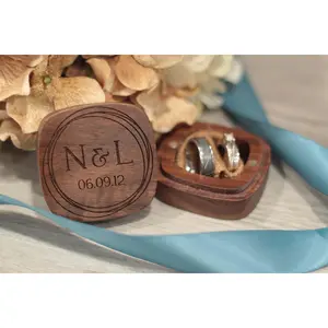 Wooden Wedding Ring Box with Magnetic Lid - Circles Design Organizer Insert - Walnut Wood Engraved Quad Organiser Insert