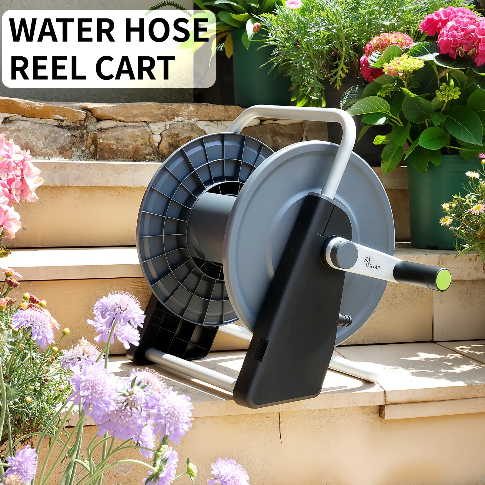 YESTAR Portable Garden Hose Reel, Holds 100ft 1/2" Hose or 60ft 5/8" Hose, Lightweight Water Hose Storage Reel with Carry Handle