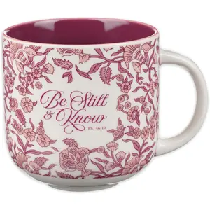 Large Ceramic Microwave/Dishwasher Safe Coffee &  Mug for Women: Be Still & Know Inspirational  Verse, , Lead & Cadmium-free Cup, Dark  & White Floral, 12 oz.