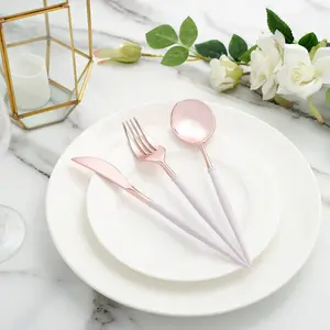 24 Pack | Rose Gold 8" Modern Flatware Set, Heavy Duty Plastic Silverware With Lavender Lilac Handles