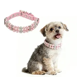 PETAXCELL Pearl Dog Collar, Bling Pearl Cat Collar Fancy Crystal Rhinestone Luxury Beaded Pet Cute Wedding Necklace Gift Diamond, (Pink, M), Intended for Teacup /Puppies/Kitten/Small Pet