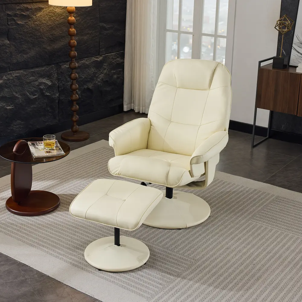 Indoor PU Leather Massage Recliner Chair with Ottoman - 360° Swivel, Wrapped Base, 5-Point Vibration Massage, Seat Heating, 140° Adjustable Backrest, Remote Control, Easy Setup - Beige for Home or Office