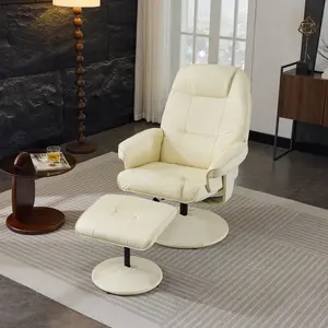 Indoor PU Leather Massage Recliner Chair with Ottoman - 360° Swivel, Wrapped Base, 5-Point Vibration Massage, Seat Heating, 140° Adjustable Backrest, Remote Control, Easy Setup - Beige for Home or Office