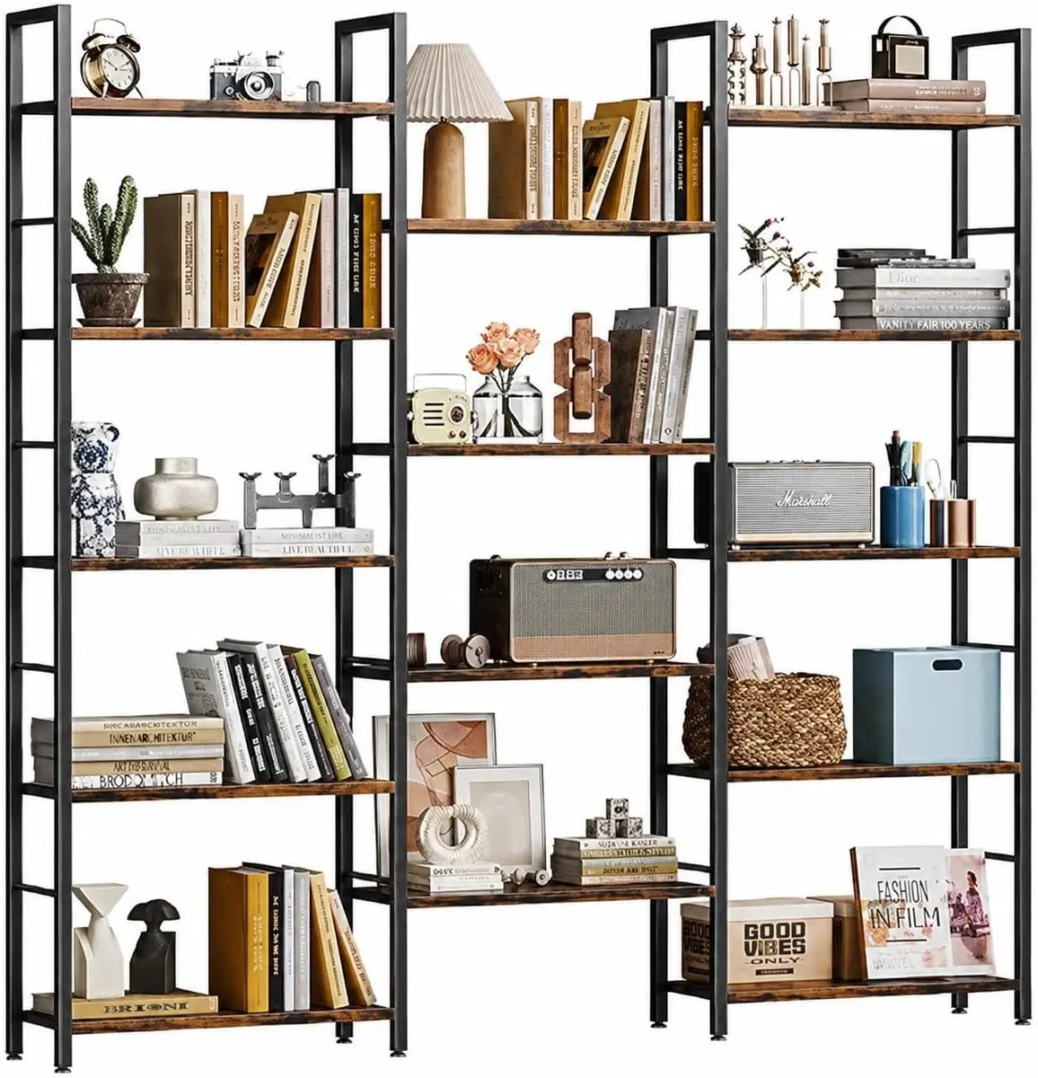 Shintenchi Triple 5 Tier Bookshelf, Industrial Large Bookcase with 14 Open Display Shelves, Large Etagere Bookshelf,Wide Book Shelf Book Case for Home & Office, Brown