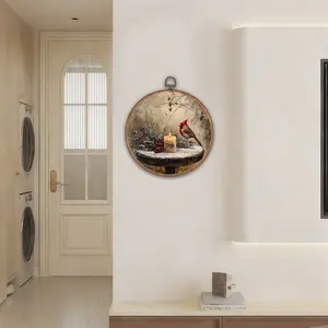 1 Vintage Cardinal Candle Wall Art, Round Wooden-Frame Print, Retro Winter Bird Scene Decoration, Nature-Inspired Wild Animal Bird Portrait, Suitable for Countryside Cabins, Bedrooms and Foyers (9.84*9.84 inches)