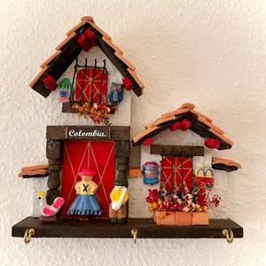 Colombia Keychain Holder Wall Decor - Handcrafted Miniature Home Model with Character Designs and Floral Accents