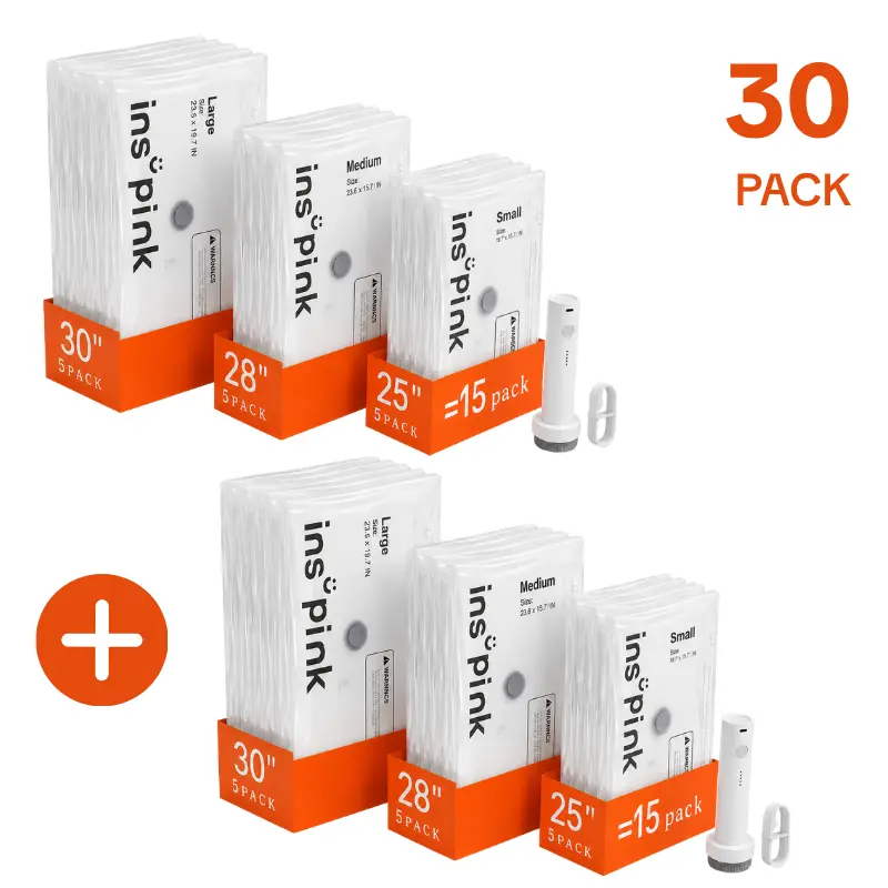 30-PACK Cordless Travel Vacuum Bag Set, Compression Bags for Carry-On Suitcases – 140L/Min Powerful Air Removal – USB Rechargeable Handheld Pump with Built-In Battery – Space Saver for Clothes & Packing Organiser , Father's Day Gift