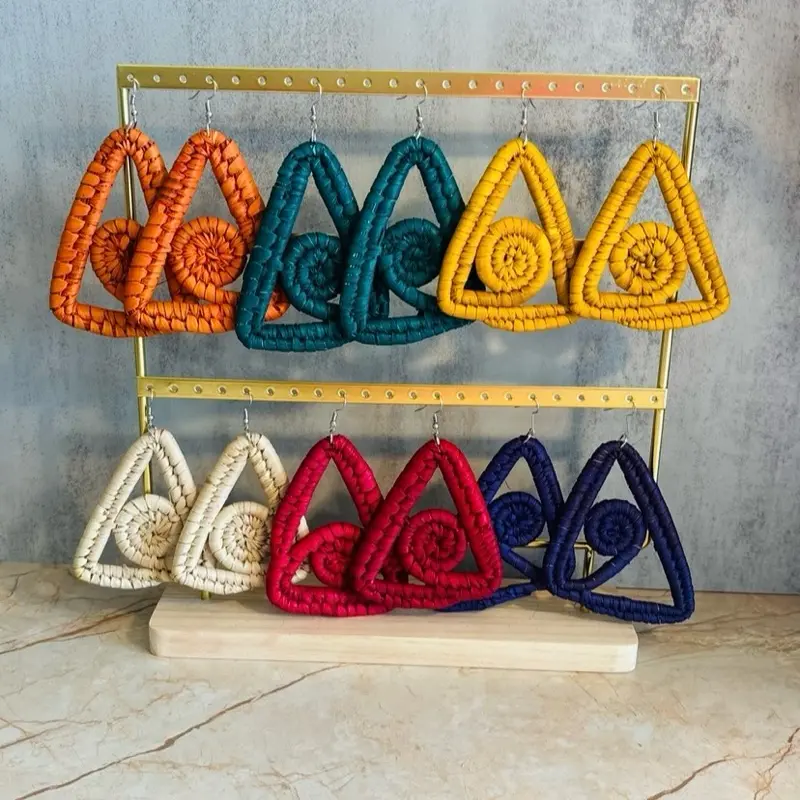 44/TRIANGLE: Handcrafted Raffia Leaf Woven Statement Earrings, Naturally Dyed, Hypoallergenic, Skin Irritation-Free .
