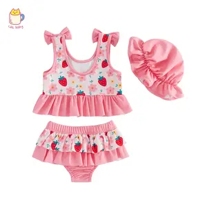 Toddler Girl Swimsuits Cute Strawberry Print Bikini Swimwear with Sun Hat 2026Summer Bathing Suits