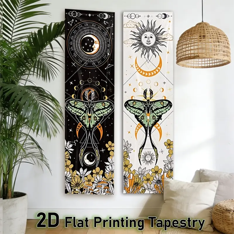 2D Flat - 2pcs Celestial Moon Art Vertical Tapestry, Bohemian Tapestry Style - Moth, Boho Floral Pattern Decorative Wall Tapestry for Bedroom, Celestial Harmony Art Wall Hanging for Living Room & Dorm Decor, Spring Home Decoration, Polyester Tapestry