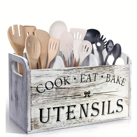 Wooden Kitchen Utensil Holder, Utensil Caddy, 3-compartment Storage Box, Countertop Organizer, Kitchen Accessories for Cook, Eat, Bake Tools, Racks