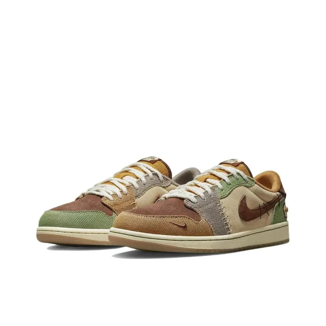 Earth Tone Patchwork Low Top Skate Sneakers, Mixed Suede & Mesh Retro Casual Shoes