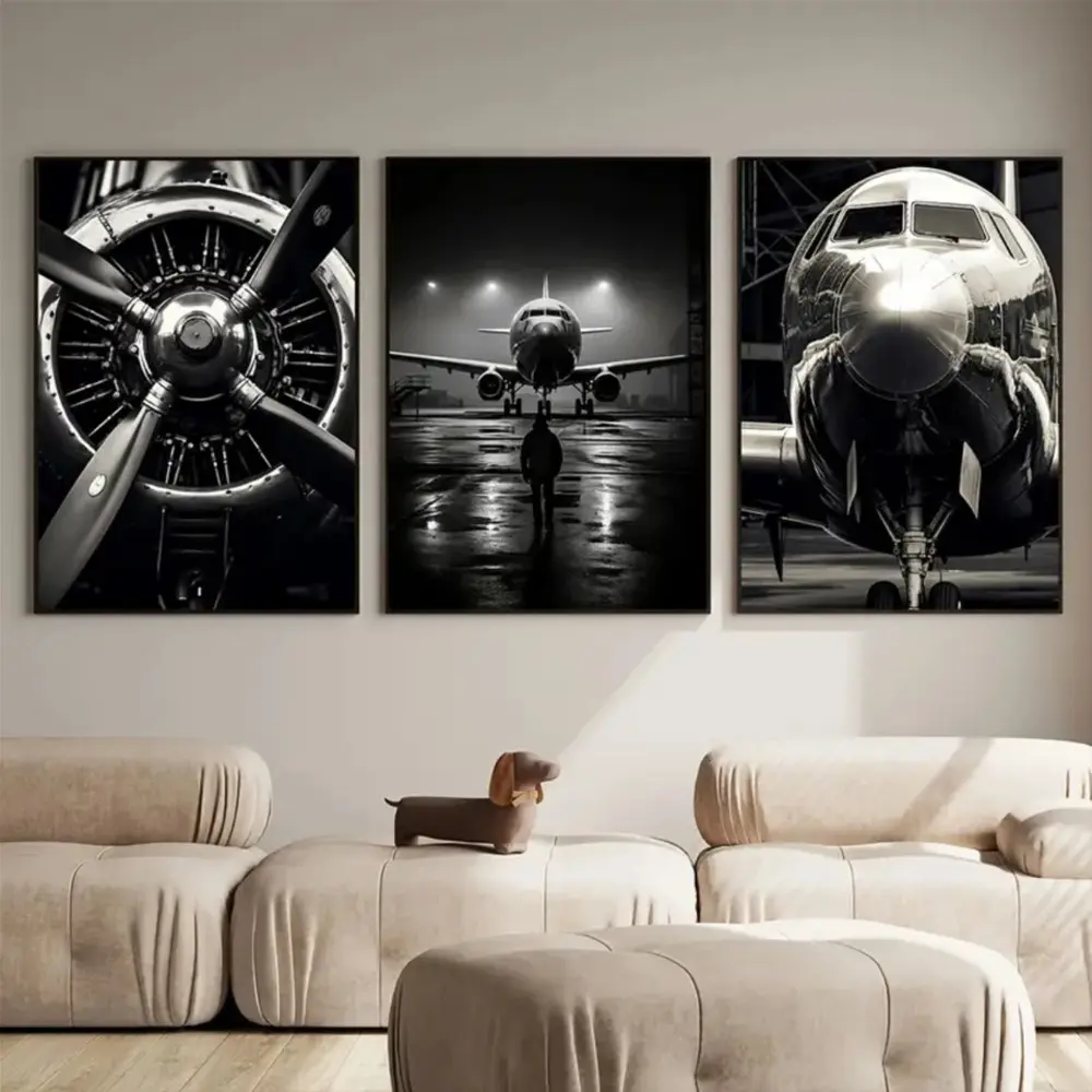 3 Pieces Black and White Aircraft Propeller Canvas Art, Artistic Vintage Aviation Wall Mural, Mechanical Aesthetic Home Art, Industrial Gallery Decor, Monochrome Poster, Wall Decor for Living Room and Bedroom, Framed or Unframed Options Available.