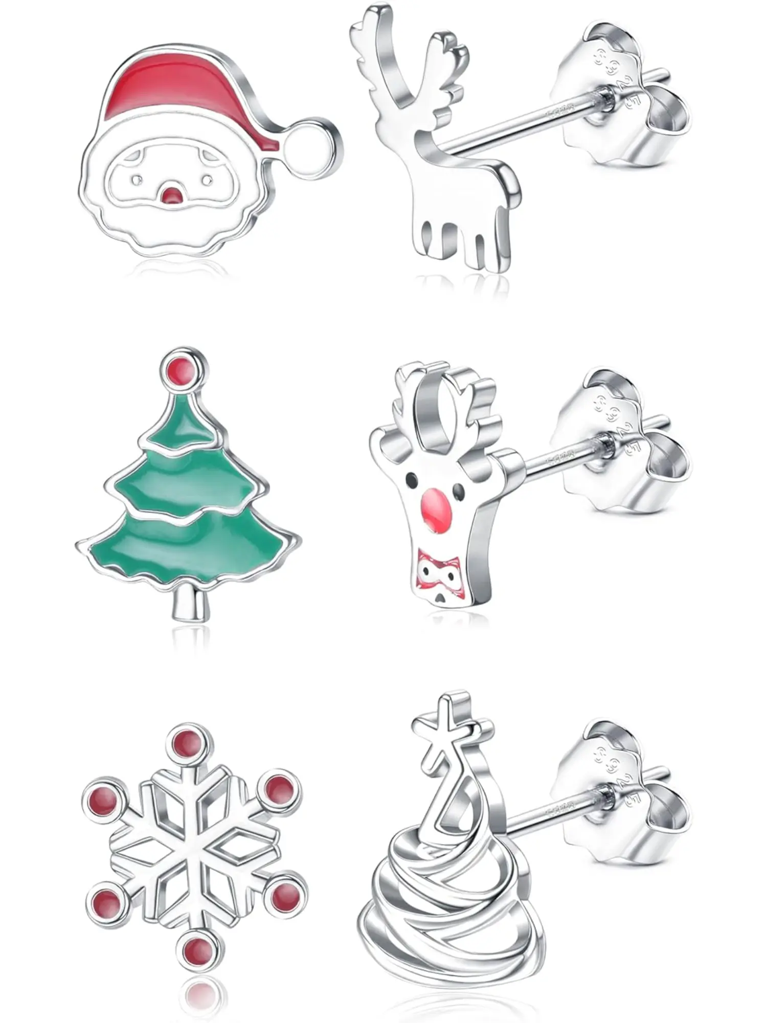 3 Pairs Christmas Earrings Sterling Silver Earring for Women Girls Kids Christmas Gifts Tiny Stud Cute Earring Festive Holiday Santa Snowflake Snowman Candy Cane Set Gift Stud Earrings Jewelry