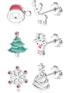 3 Pairs Christmas Earrings Sterling Silver Earring for Women Girls Kids Christmas Gifts Tiny Stud Cute Earring Festive Holiday Santa Snowflake Snowman Candy Cane Set Gift Stud Earrings Jewelry
