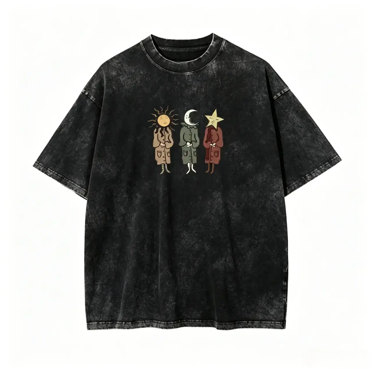 Vintage Acid Washed Oversized T-Shirt Sun Moon Star Character Graphic Tee Celestial Dark Aesthetic Streetwear Top,valentine shirts Sun Moon Star Character Graphic Oversized T-Shirt Vintage Washed Casual Cotton Loose Tees Harajuku Streetwear Fashion