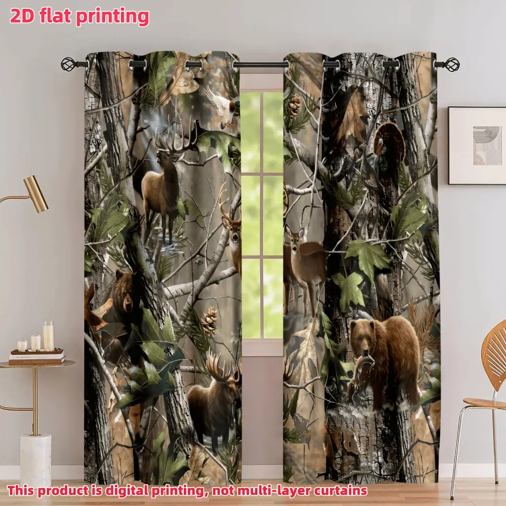 2D Flat 2Pcs Forest Animals Camouflage Curtains, Nature Themed Deer Elk Bear Turkey Moose Print Drapes, Half Sunshade Privacy Panels for Living Room Bedroom Windows, Home Decor, Window Treatments, Accessories.
