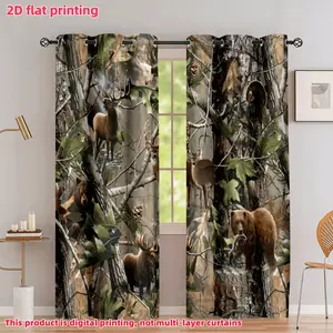 2D Flat 2Pcs Forest Animals Camouflage Curtains, Nature Themed Deer Elk Bear Turkey Moose Print Drapes, Half Sunshade Privacy Panels for Living Room Bedroom Windows, Home Decor, Window Treatments, Accessories.
