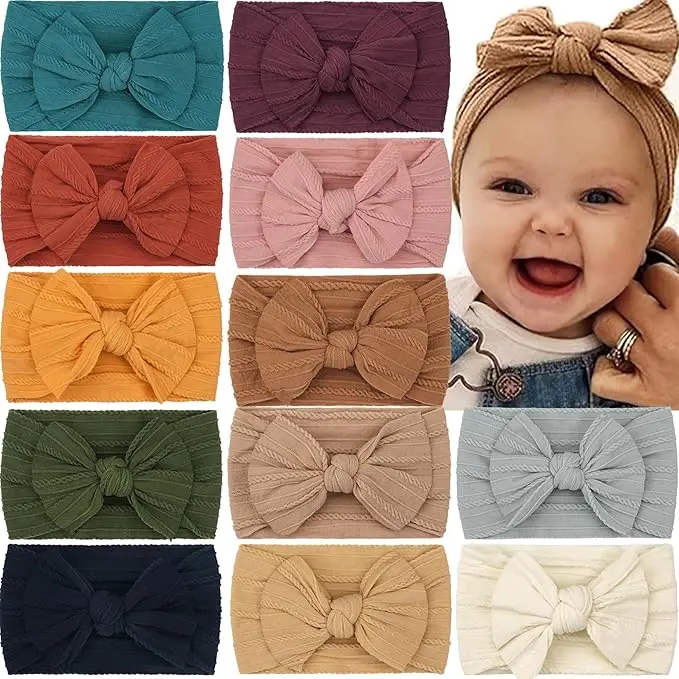 Soft Nylon Bow Headbands, 12 Pack with 4-Inch Solid Bows, Super Stretchy Knot Hair Accessories for Baby Girls, Infants, and Toddlers, Elastic Bow Headbands